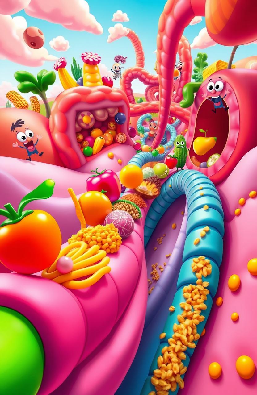 A colorful and imaginative representation of food traveling through a fantastical digestive system