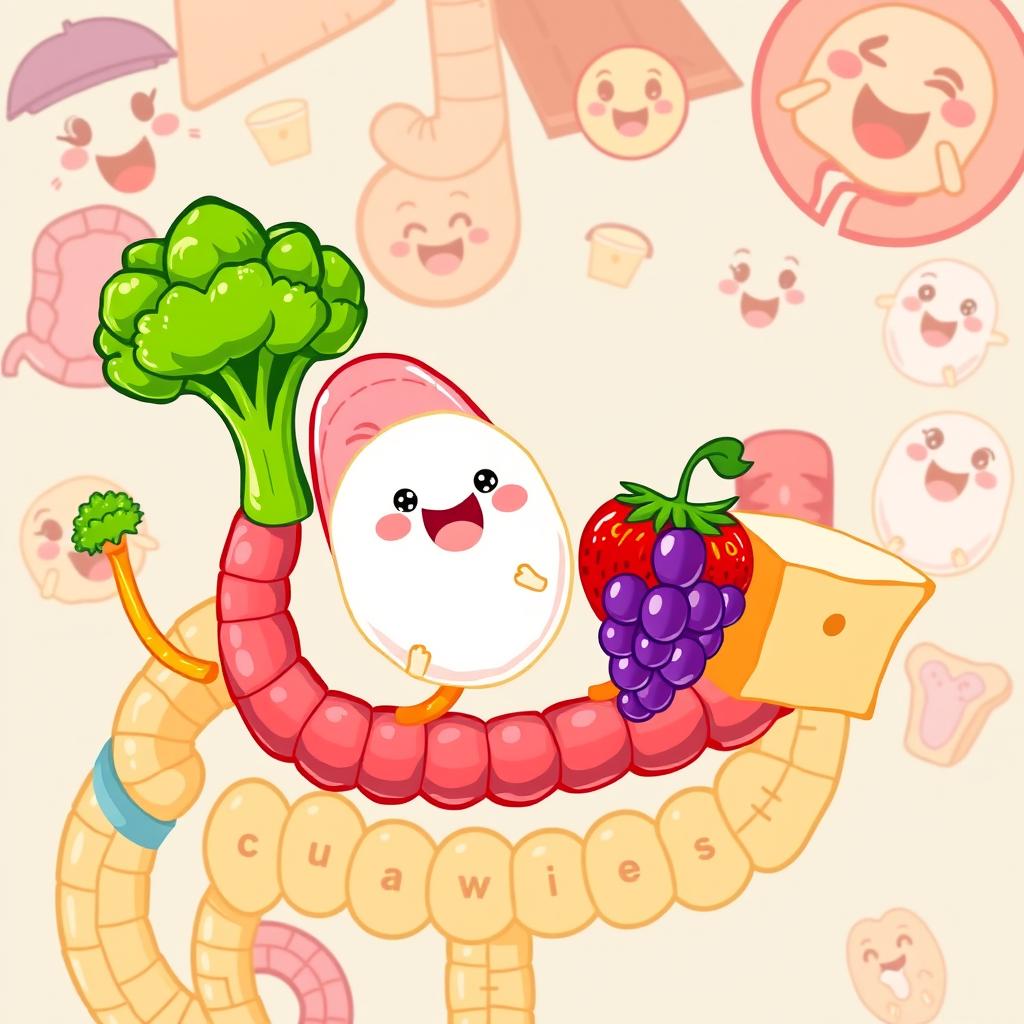 A vibrant and imaginative depiction of broccoli, ham, egg, bread, strawberry, and grapes traveling through a cartoonish digestive system