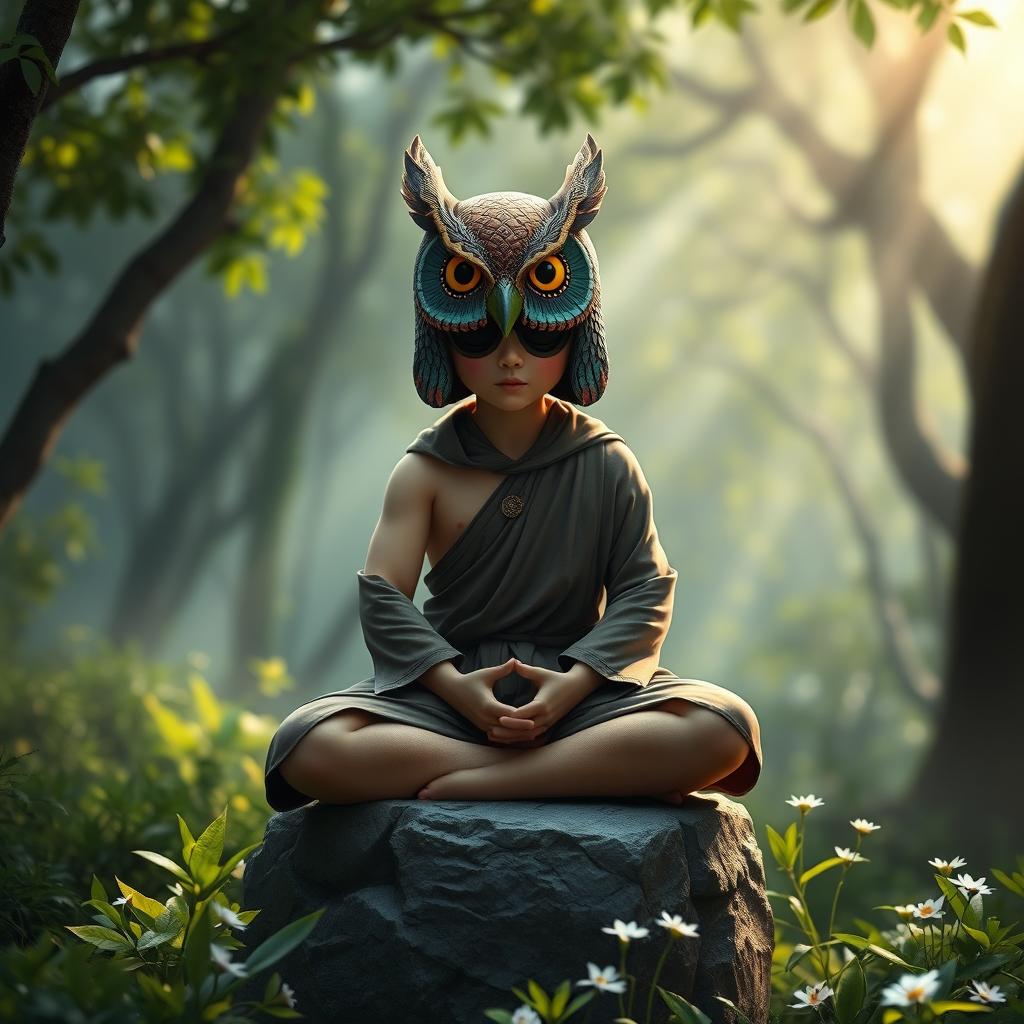 A halfling monk wearing a detailed owl mask, adorned with intricate patterns and vibrant colors