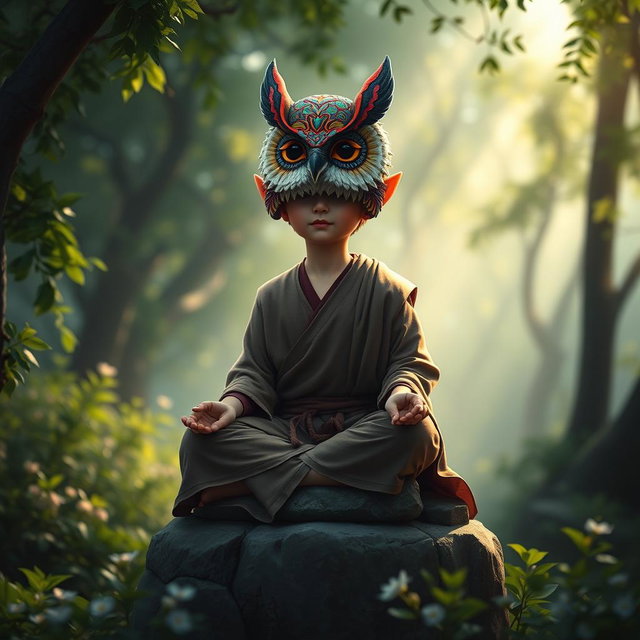 A halfling monk wearing a detailed owl mask, adorned with intricate patterns and vibrant colors
