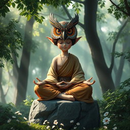 A halfling monk wearing a detailed owl mask, adorned with intricate patterns and vibrant colors