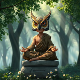 A halfling monk wearing a detailed owl mask, adorned with intricate patterns and vibrant colors