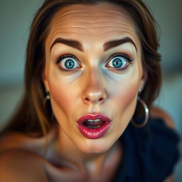 A strikingly beautiful 40-year-old woman facing the camera directly, showcasing a surprised expression with her mouth slightly open and large, bright blue eyes wide open, conveying allure and charm