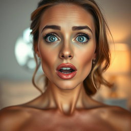A strikingly beautiful 40-year-old woman facing the camera directly, showcasing a surprised expression with her mouth slightly open and large, bright blue eyes wide open, conveying allure and charm