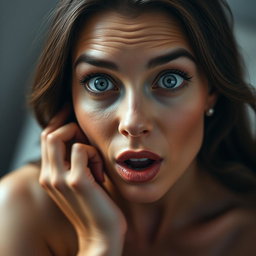 A strikingly beautiful 40-year-old woman facing the camera directly, showcasing a surprised expression with her mouth slightly open and large, bright blue eyes wide open, conveying allure and charm