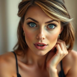 A stunningly beautiful 40-year-old woman looking directly at the camera, her expression is one of surprise, with her mouth slightly open and her large, bright blue eyes wide open, radiating charm and intrigue