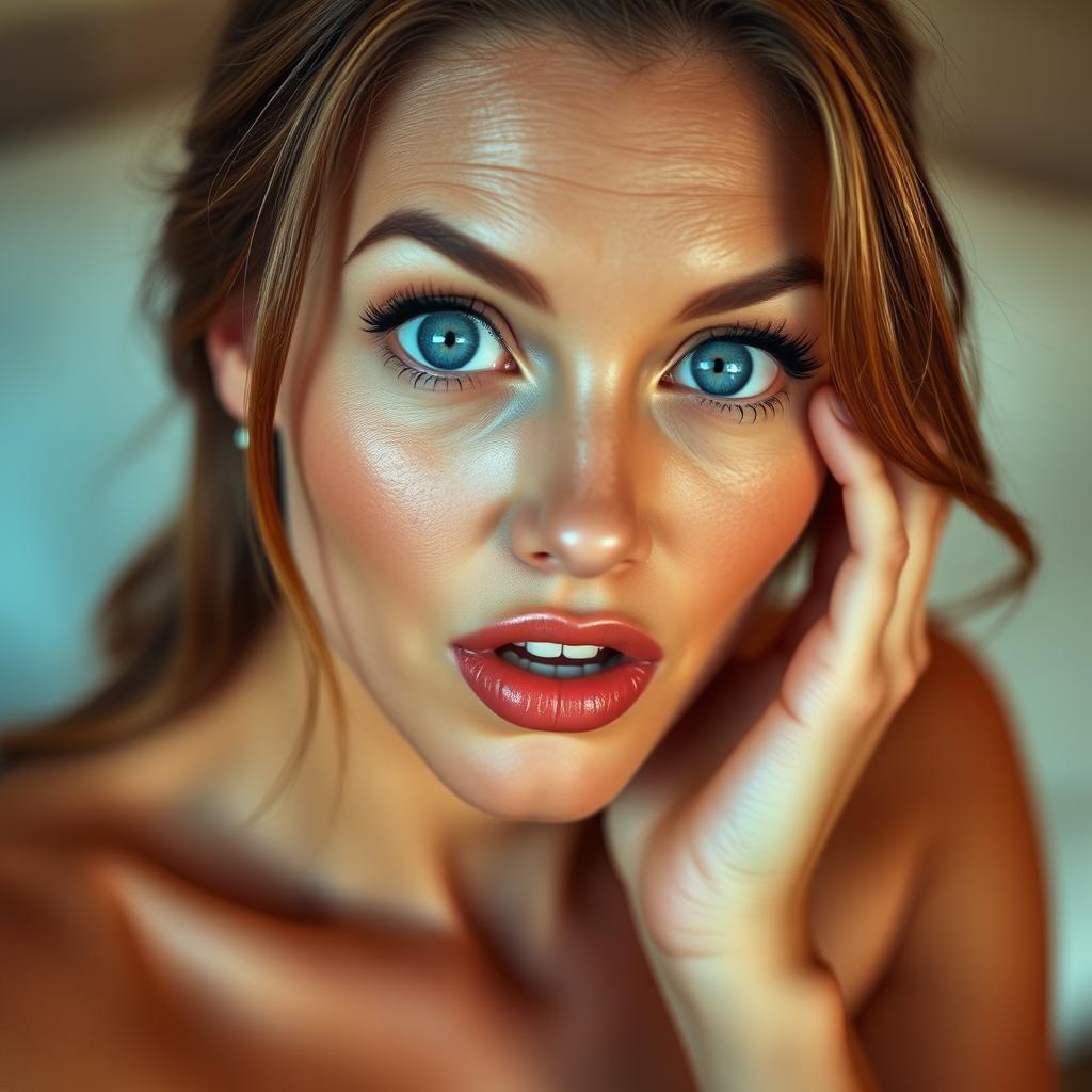 A stunningly beautiful 40-year-old woman looking directly at the camera, her expression is one of surprise, with her mouth slightly open and her large, bright blue eyes wide open, radiating charm and intrigue