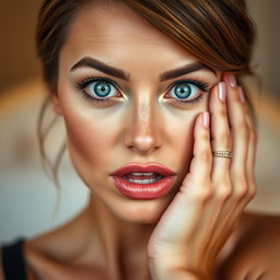A stunningly beautiful 40-year-old woman looking directly at the camera, her expression is one of surprise, with her mouth slightly open and her large, bright blue eyes wide open, radiating charm and intrigue