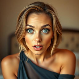 A stunningly beautiful 40-year-old woman looking directly at the camera, her expression is one of surprise, with her mouth slightly open and her large, bright blue eyes wide open, radiating charm and intrigue