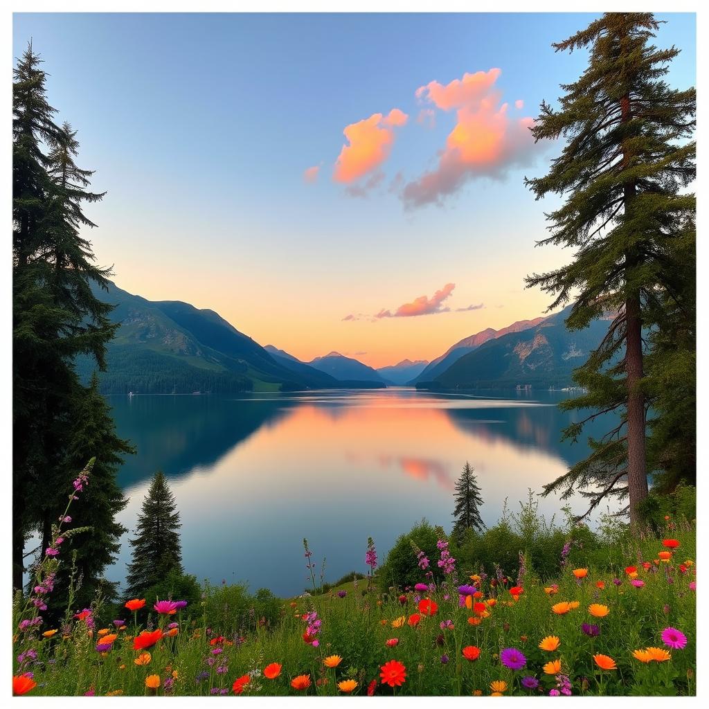 A serene landscape featuring a tranquil lake surrounded by lush green mountains during sunset, with soft orange and pink hues reflecting on the water's surface