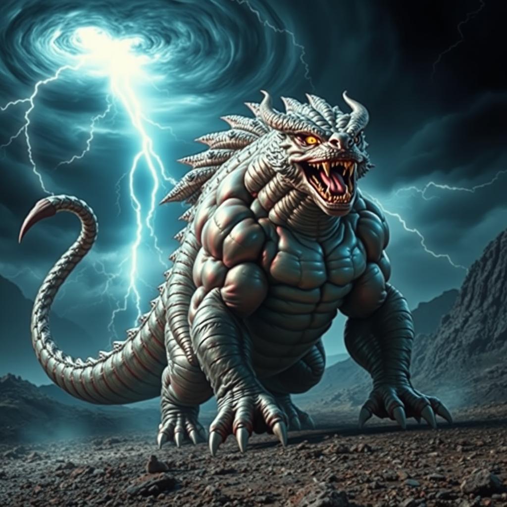 A fierce and powerful beast, resembling a mythical creature with muscles bulging, covered in shimmering, iridescent scales reflecting various colors