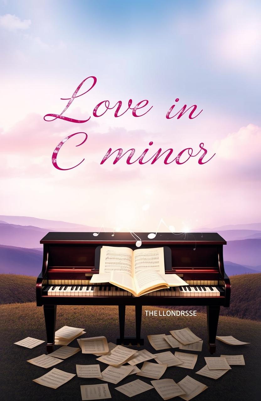 A novel cover design for 'Love in C Minor', featuring a romantic and emotional scene that conveys the essence of love and music