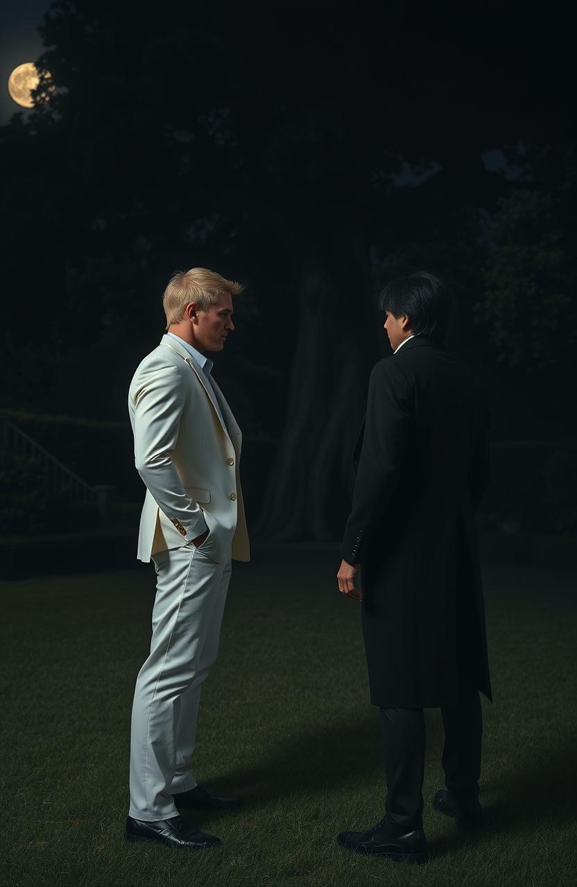A wide garden at night with two men facing each other
