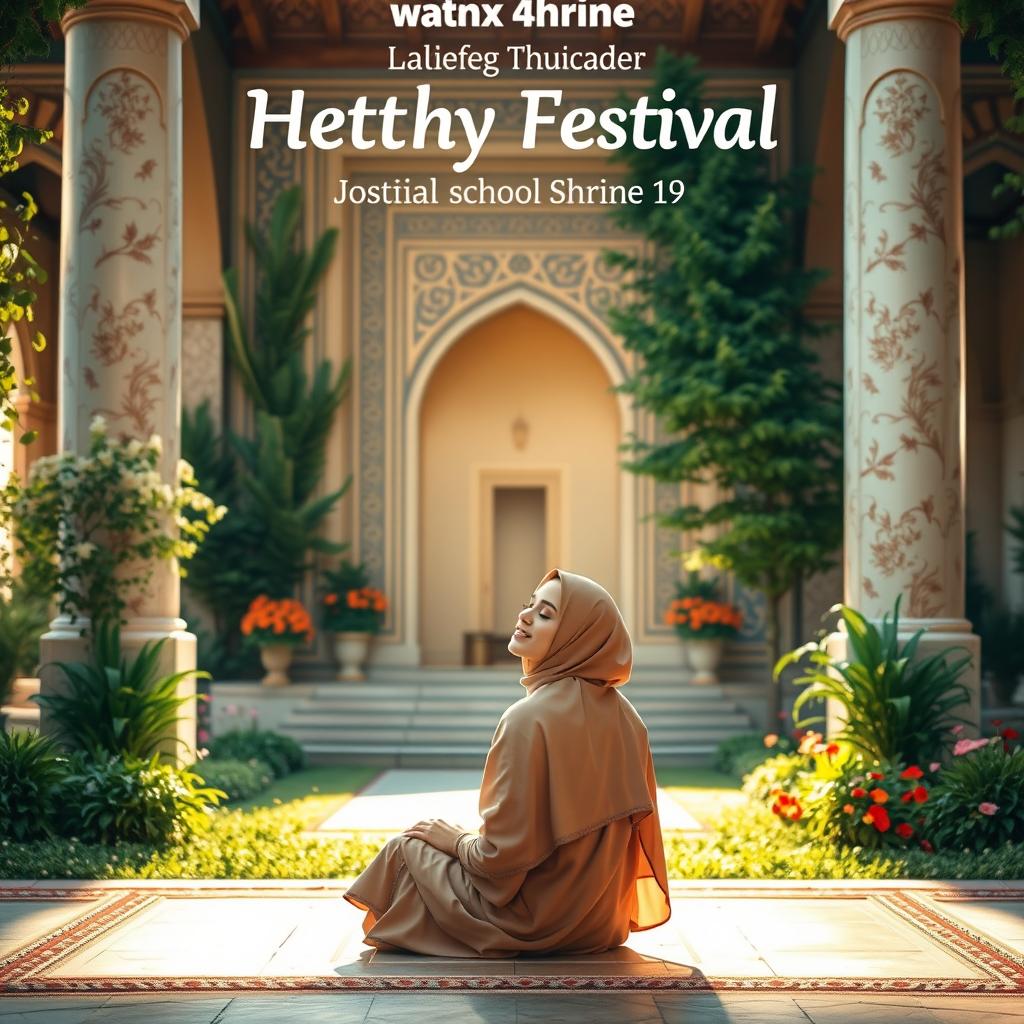 A serene and inspiring poster for a school festival promoting a healthy lifestyle, featuring a woman in a hijab sitting peacefully at the Hafez Shrine