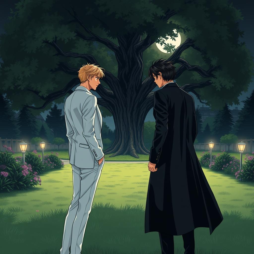 A wide garden at night depicted in manga style, featuring two men facing each other