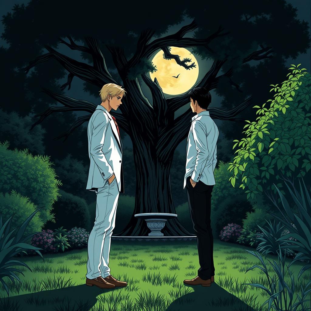 A wide garden at night depicted in manga style, featuring two men facing each other