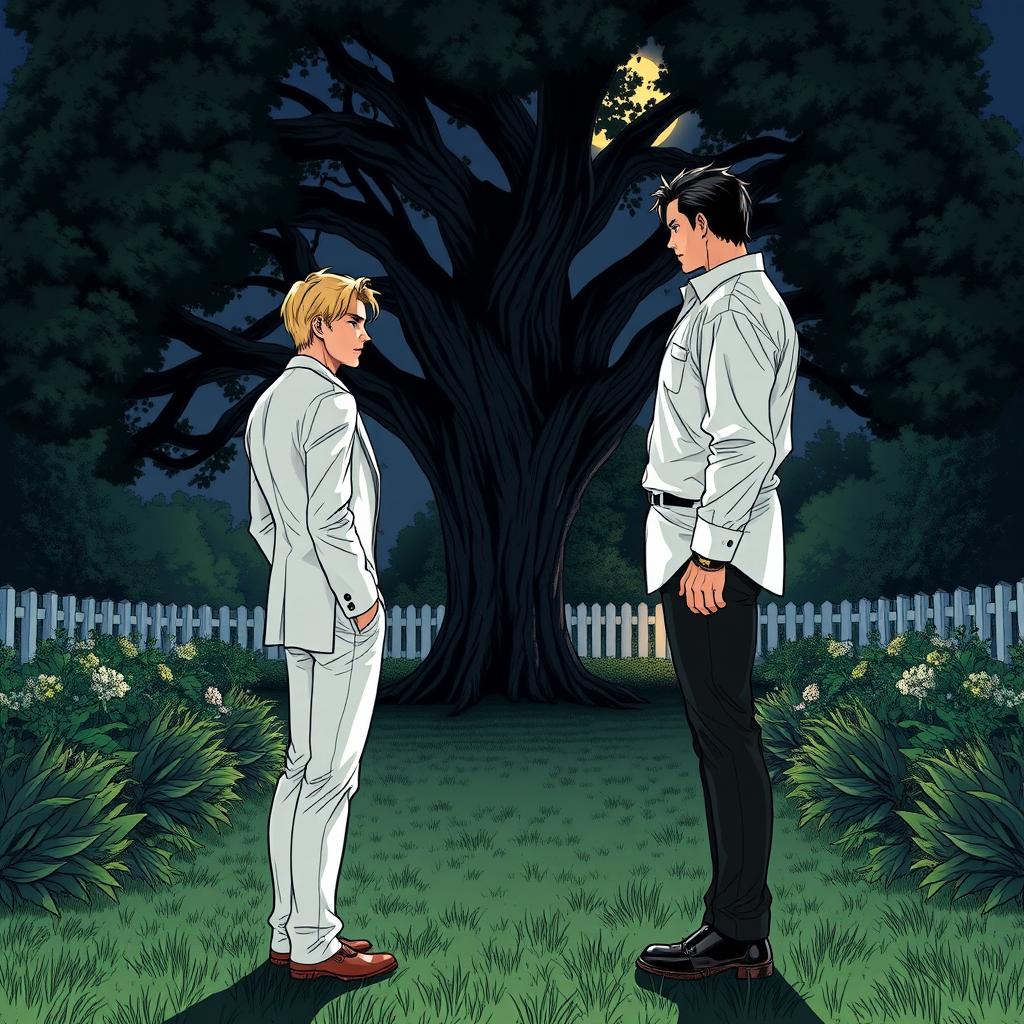 A wide garden at night illustrated in manga style, featuring two men facing each other