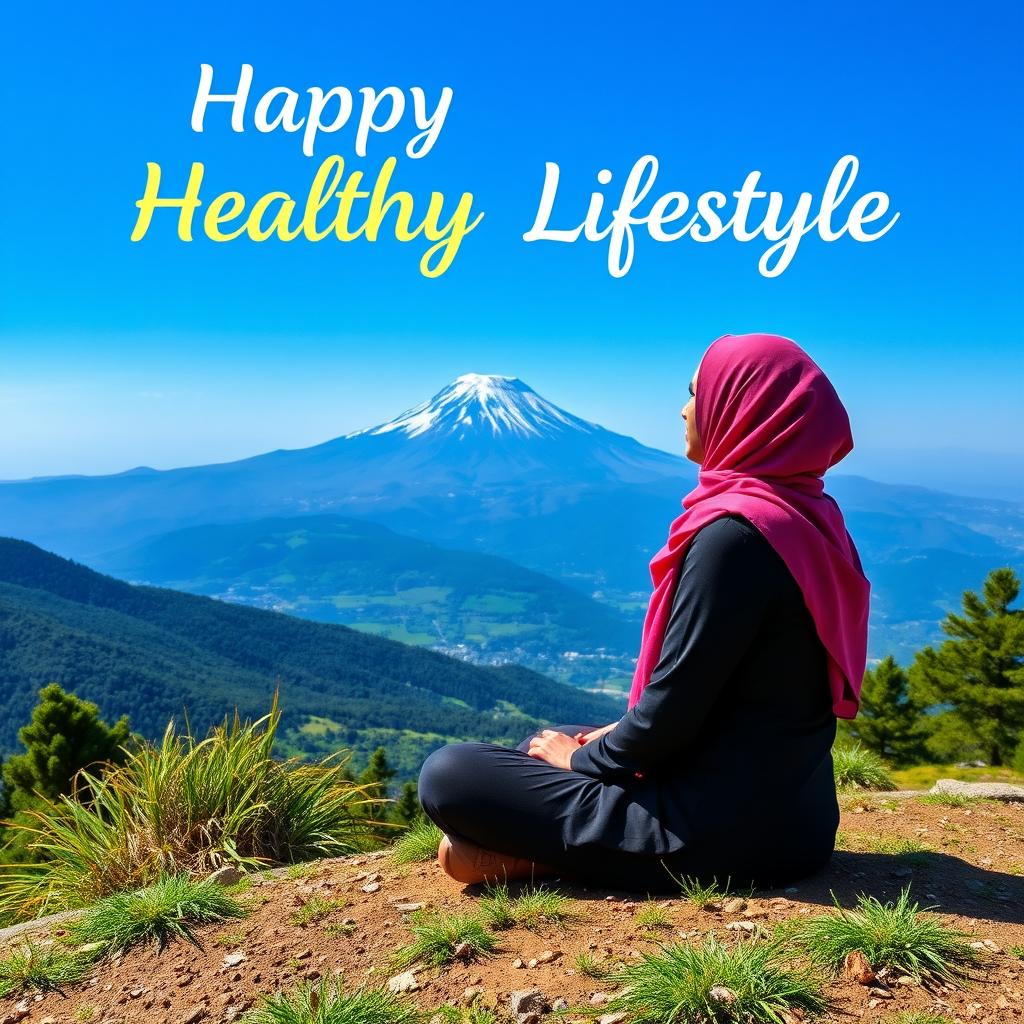 A vibrant poster celebrating a healthy lifestyle, featuring a woman wearing a hijab, peacefully sitting on the scenic Mount Damavand