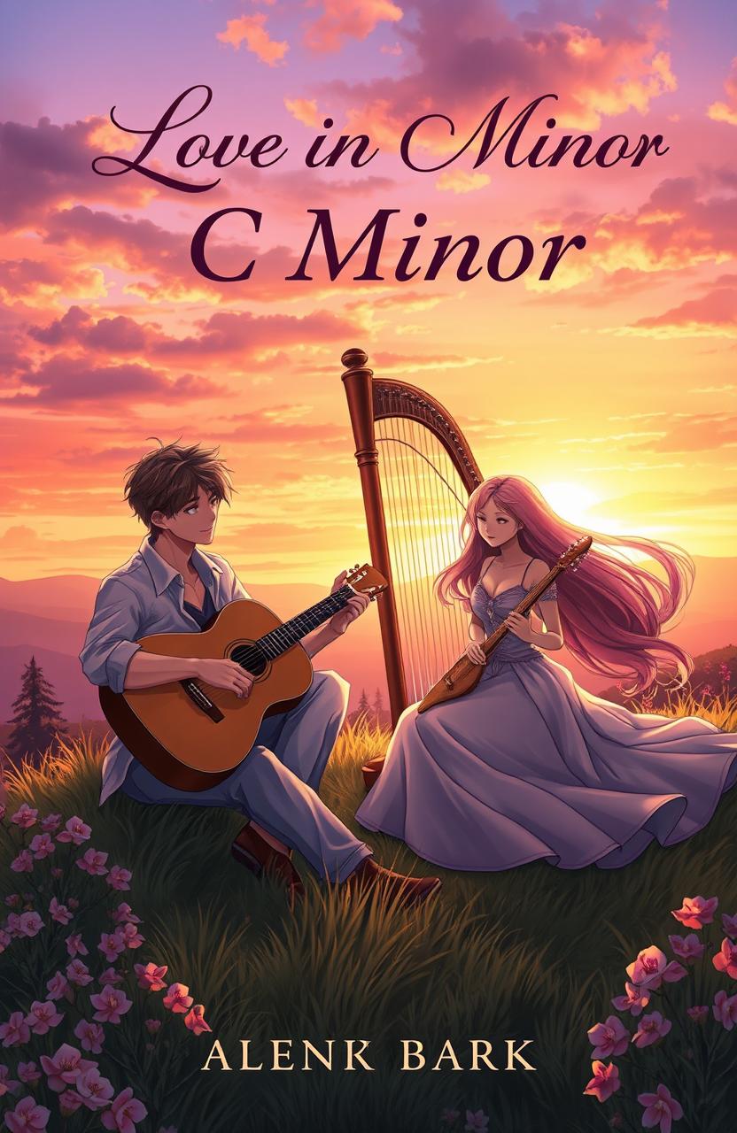 A captivating novel cover depicting a romantic scene where a male character plays an acoustic guitar, sitting on a grassy hillside at sunset, with a gentle smile and long hair flowing in the breeze