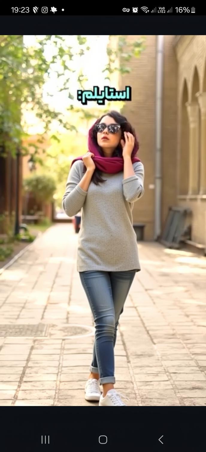 A confident woman walking elegantly down a sunlit cobblestone path, wearing stylish oversized black sunglasses and a flowing light gray skirt
