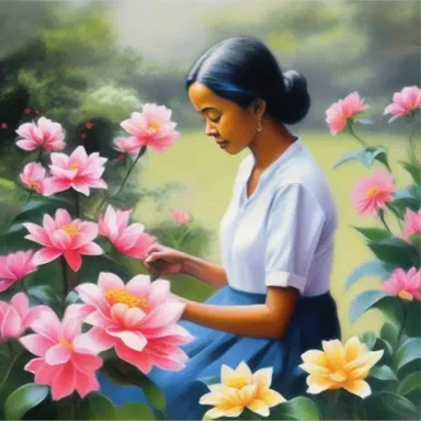 The artist created a stunning painting depicting an amah gracefully arranging flowers in a serene garden.