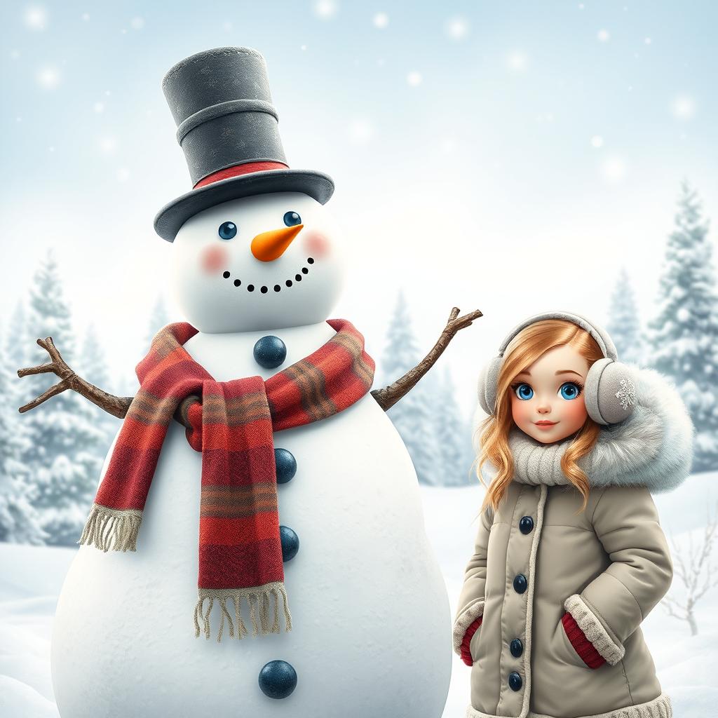 A majestic and beautifully crafted snowman, larger than life, standing proudly in a winter wonderland