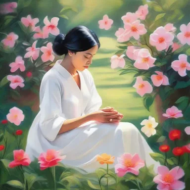 The artist created a stunning painting depicting an amah gracefully arranging flowers in a serene garden.