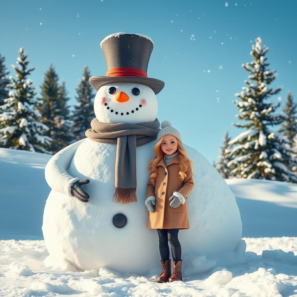 A stunningly unique and oversized snowman, beautifully crafted with intricate details like a stylish scarf, a tall top hat, and a welcoming smile made of coal