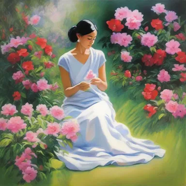 The artist created a stunning painting depicting an amah gracefully arranging flowers in a serene garden.