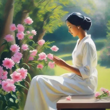 The artist created a stunning painting depicting an amah gracefully arranging flowers in a serene garden.