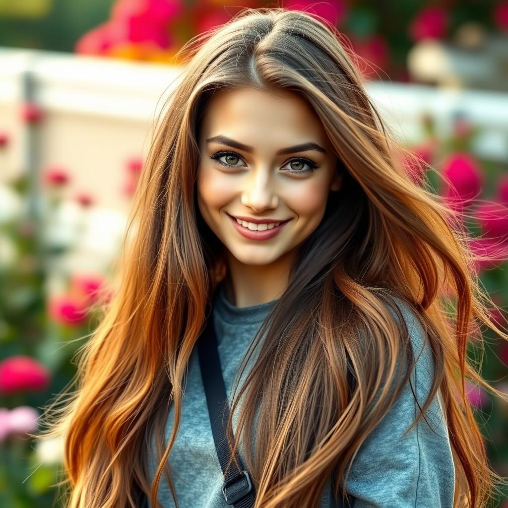 A beautiful young woman with long flowing hair, her face adorned with a playful and cheeky smile