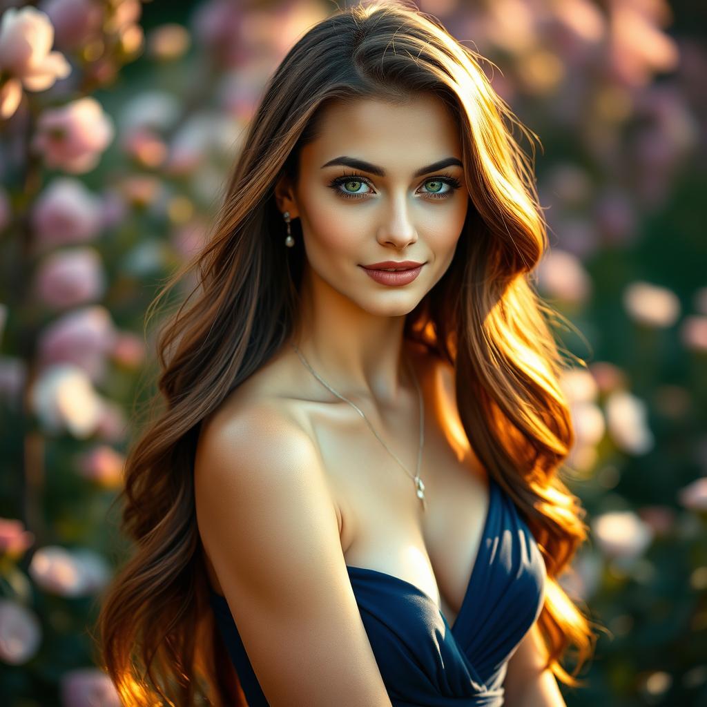 A stunning portrait of a woman named Samantha, with long flowing brown hair and striking green eyes