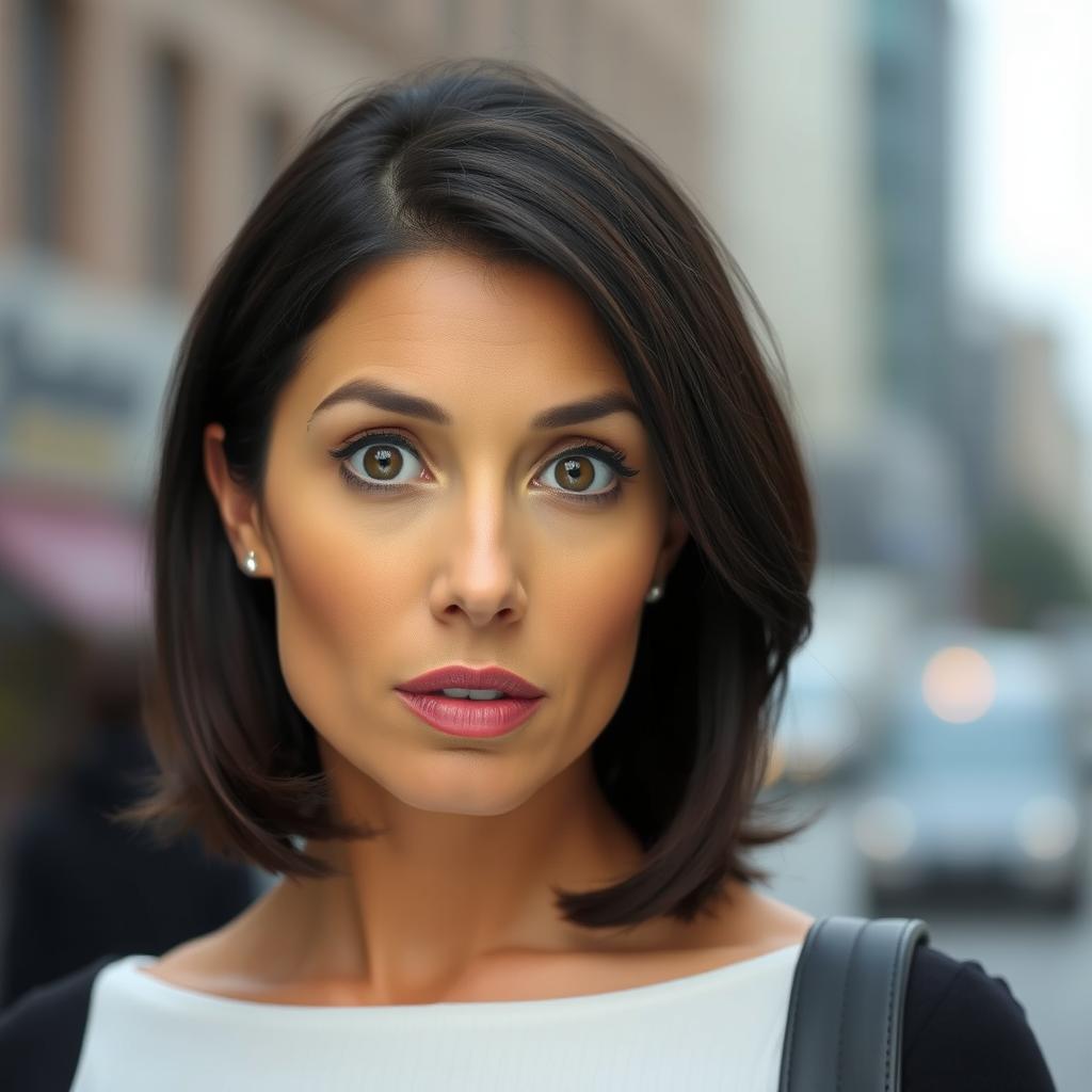 A beautiful 40-year-old woman, with striking features and a surprised expression, staring directly at the camera