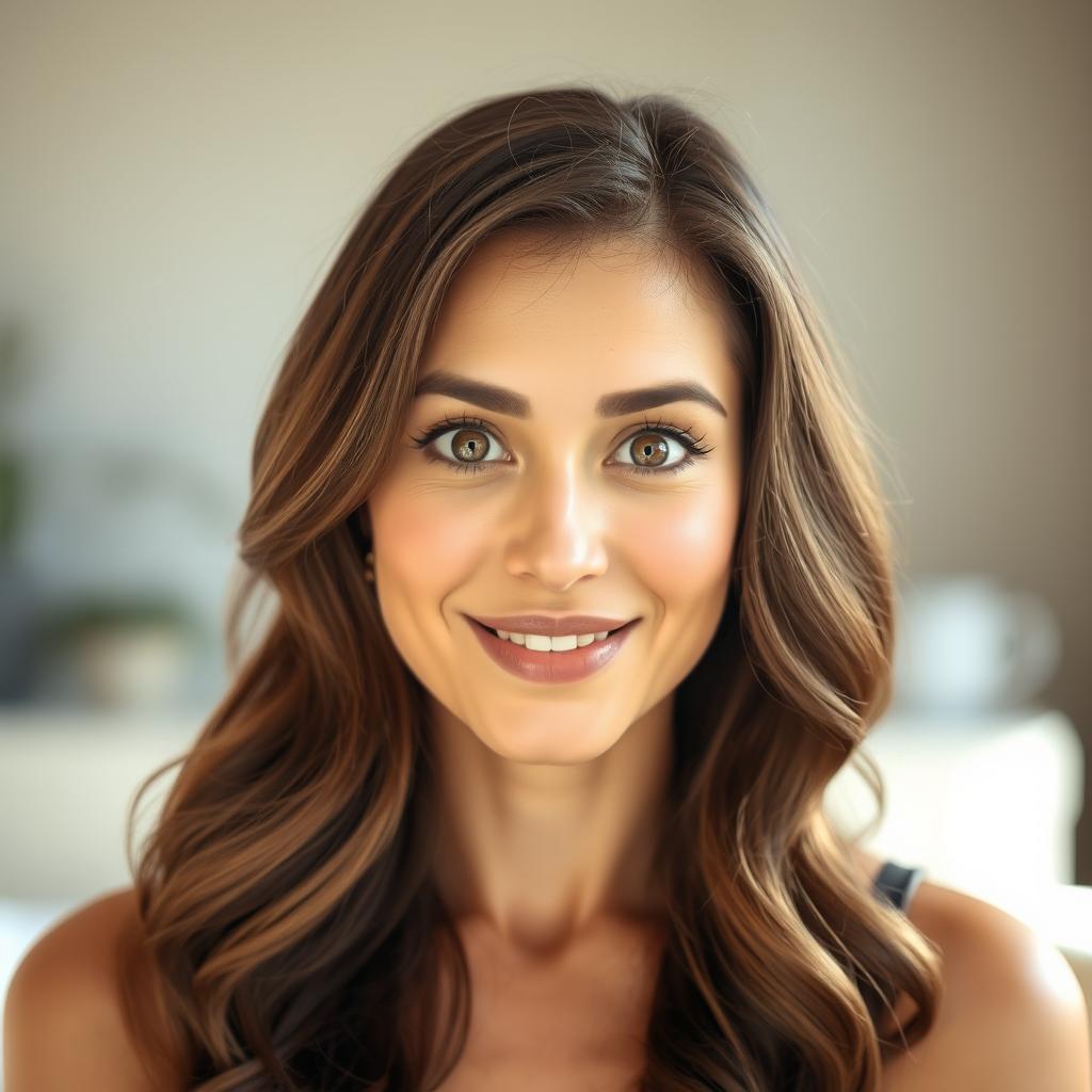 A beautiful 40-year-old woman, displaying a look of surprise, directly facing the camera