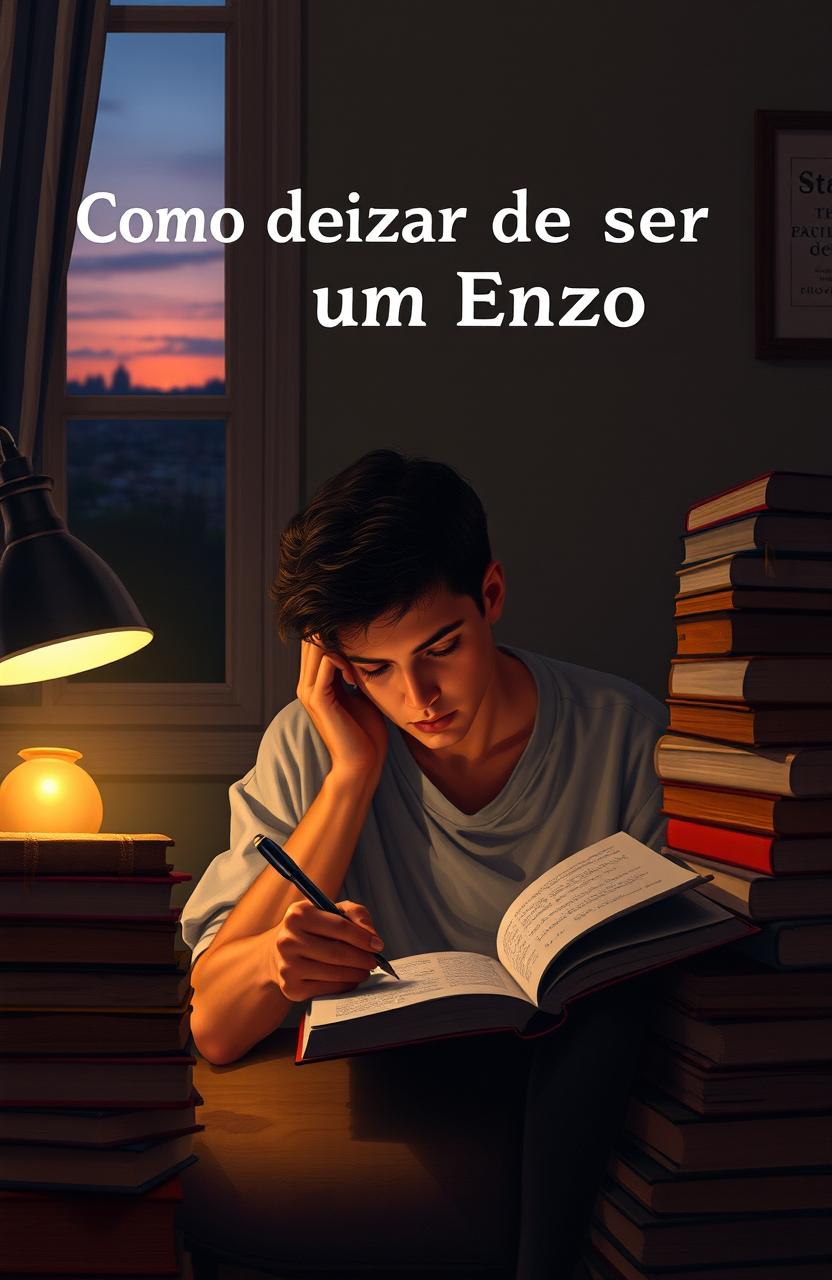 A philosophical and introspective scene depicting a person immersed in deep contemplation, surrounded by stacks of books on self-improvement, with a soft glow from a nearby lamp illuminating the pages