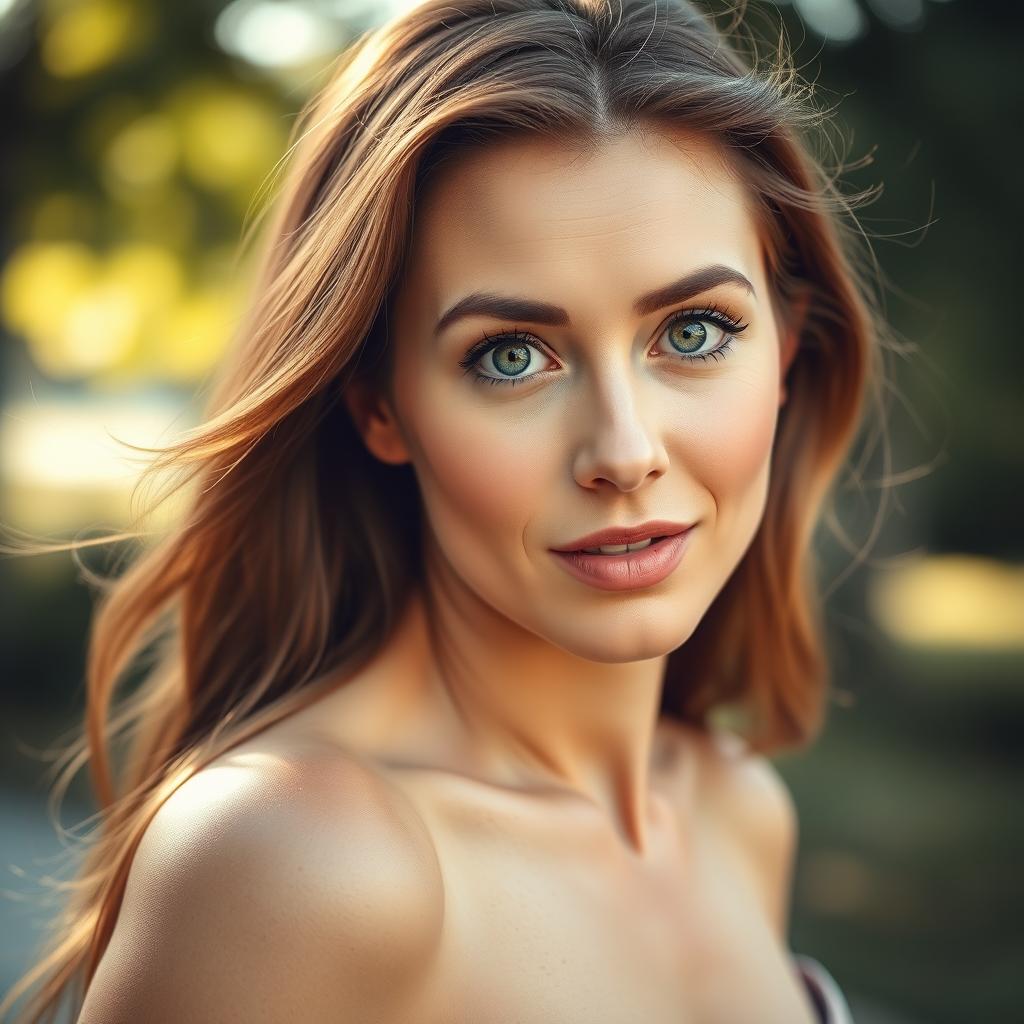 A beautiful 40-year-old woman with an expression of surprise, looking directly at the camera
