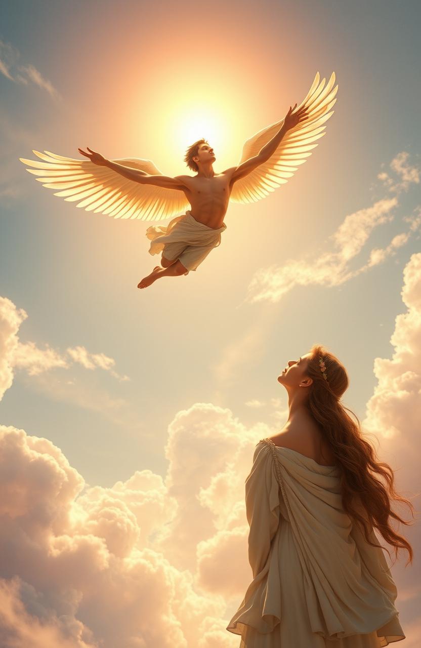 A romantic scene depicting Icarus from ancient Greek mythology, soaring high into the sky towards the bright sun