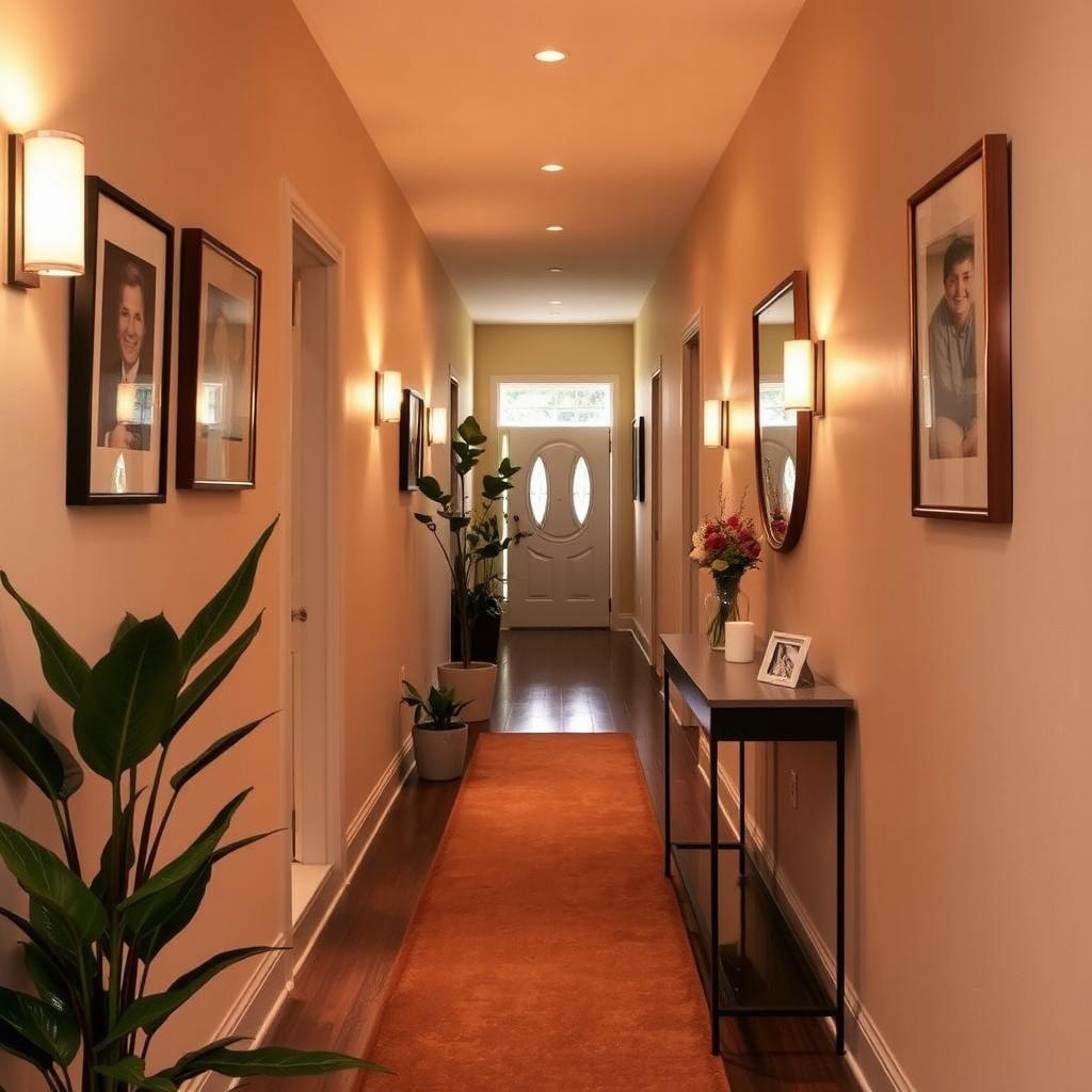 A beautifully decorated long and narrow hallway, featuring warm, inviting colors and soft lighting