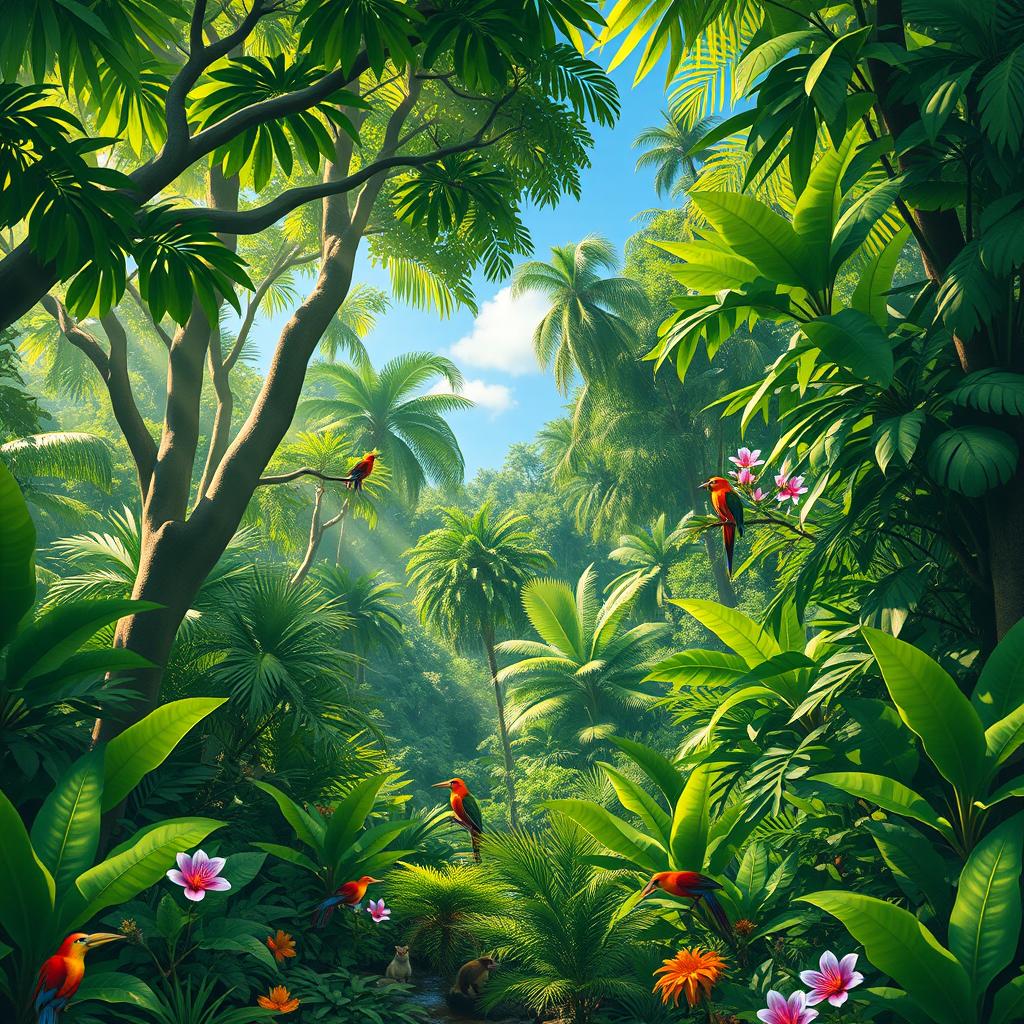 A vibrant and lush tropical jungle, filled with various shades of green from the dense foliage and towering trees
