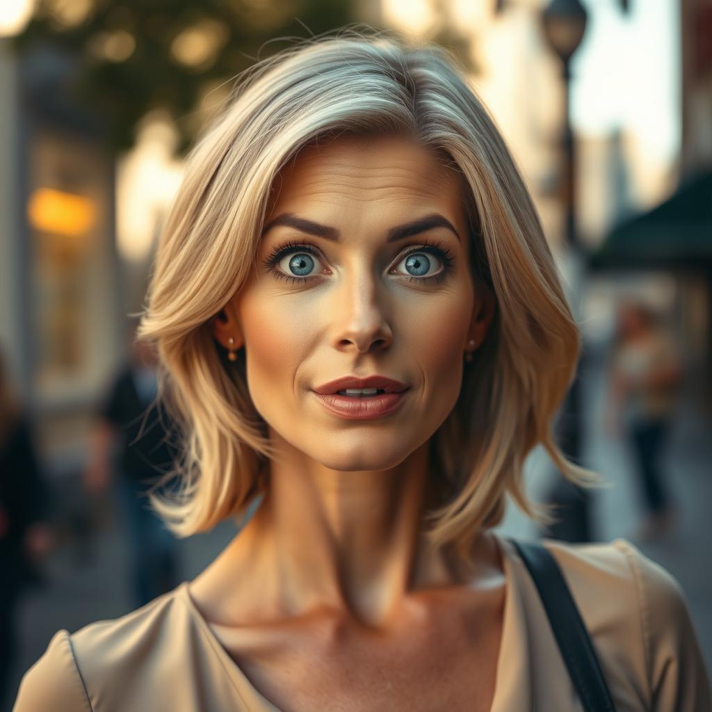 A strikingly beautiful 40-year-old woman with an expressive look of surprise, gazing directly at the camera