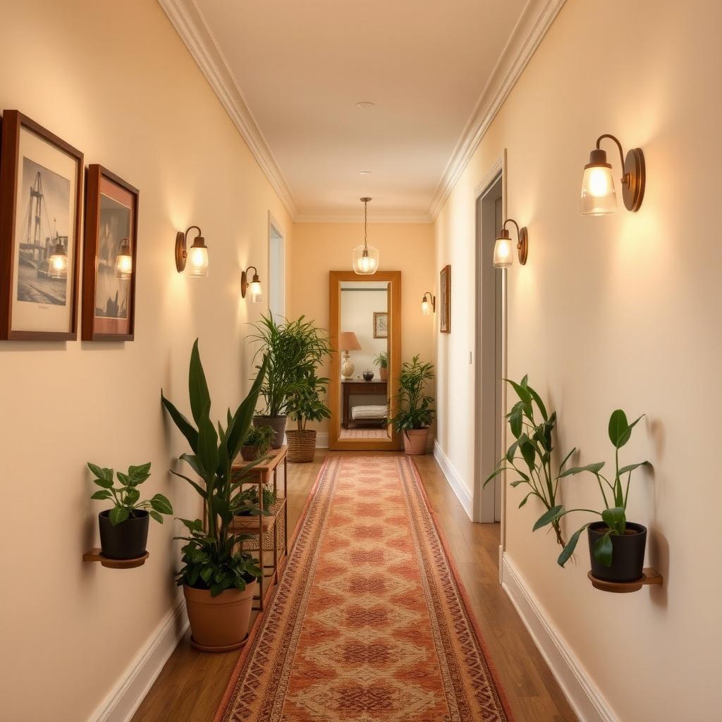 A beautifully decorated long and narrow hallway, featuring warm tones of cream and beige for the walls