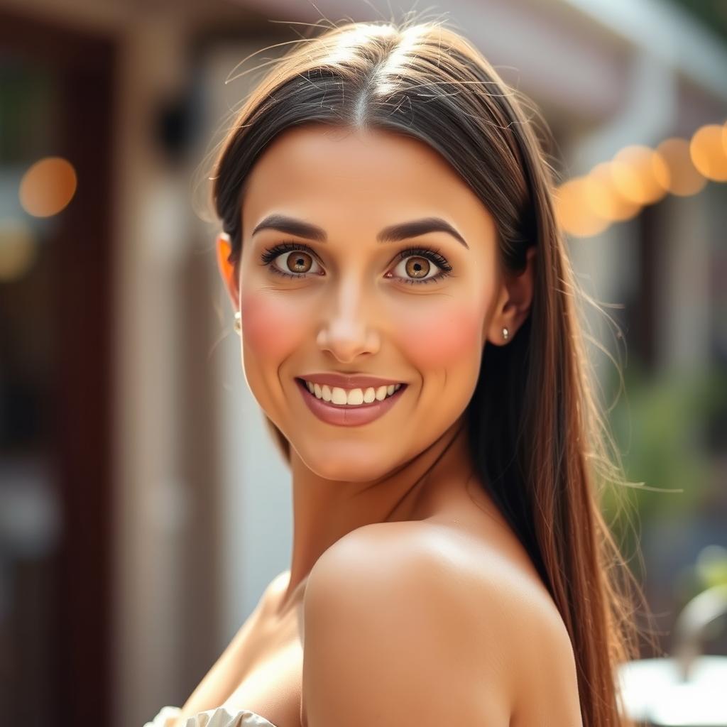 A gorgeous 40-year-old woman with an expressive look of surprise, facing directly towards the camera
