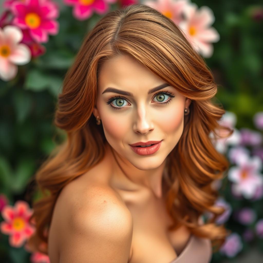 A beautiful 40-year-old woman looking directly at the camera with an expressive look of surprise
