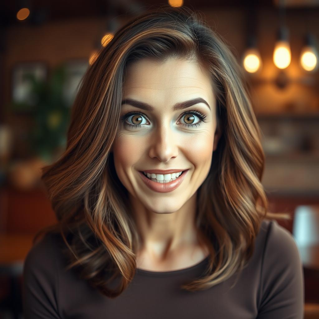 A stunning 40-year-old woman with an expressive look of surprise, looking directly at the camera