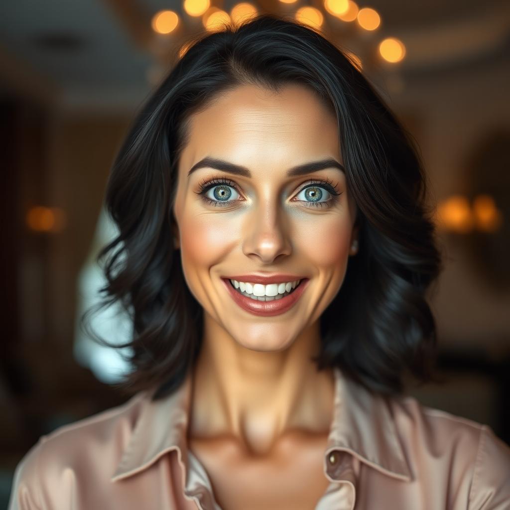 A beautiful 40-year-old woman displaying an expressive look of surprise, directly facing the camera