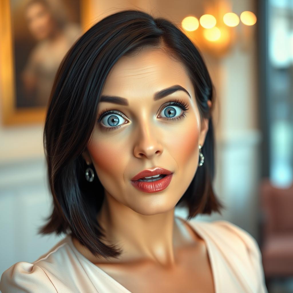 A gorgeous 40-year-old woman with an expressive surprised look, facing the camera directly