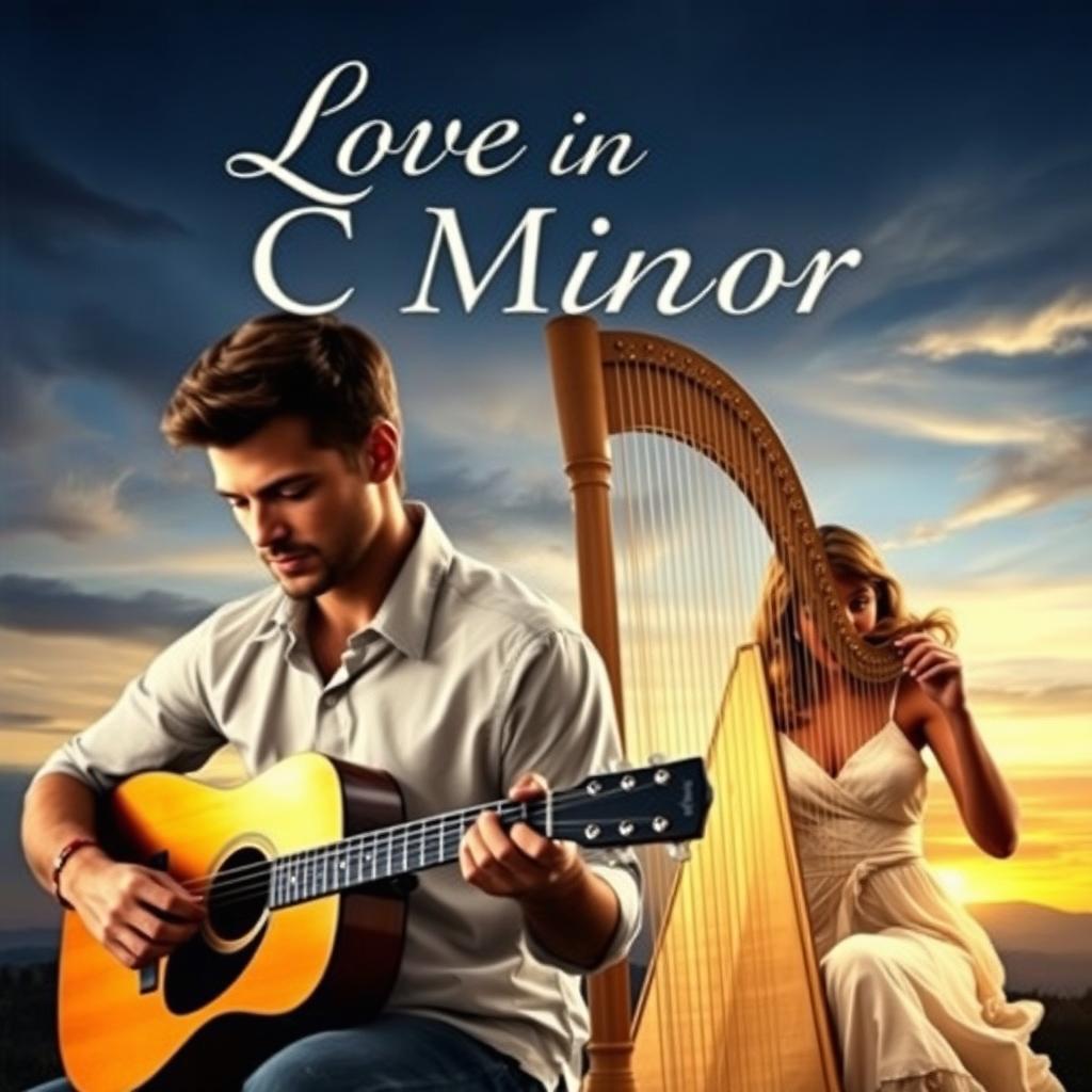 An enchanting novel cover titled 'Love in C Minor,' featuring a male guitarist immersed in playing his acoustic guitar, depicting a thoughtful and intense expression that mirrors the complexity of love
