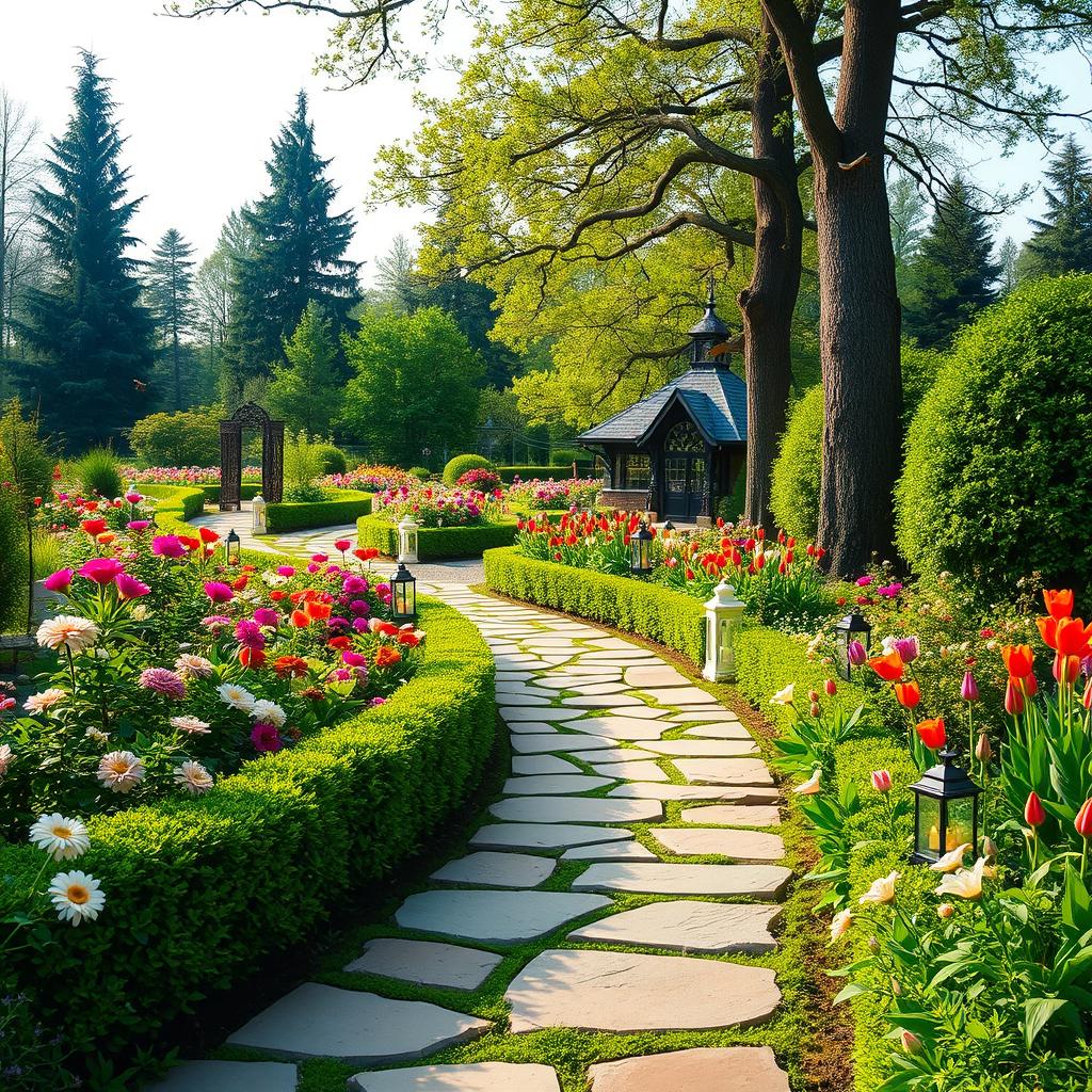A beautifully designed garden pathway winding through a lush, vibrant garden