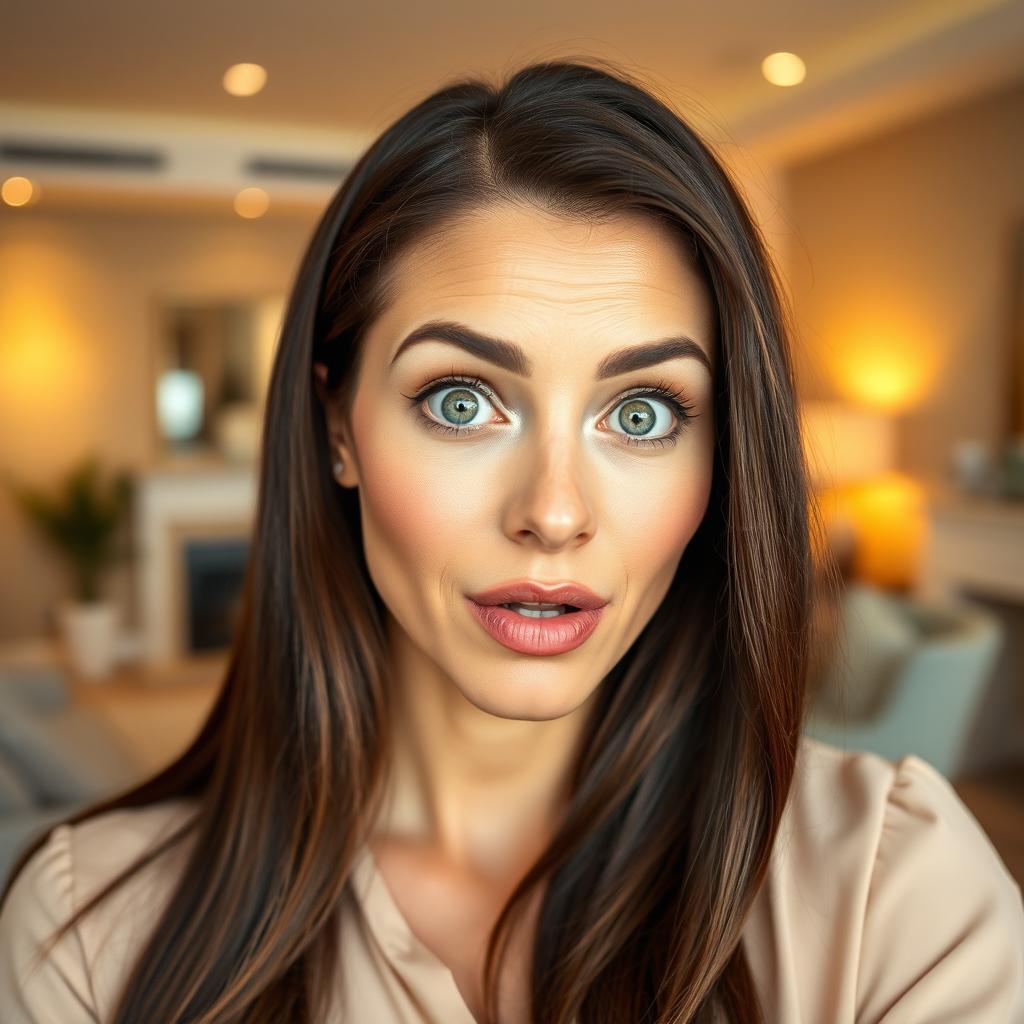 A beautiful 40-year-old woman with an expressive look of surprise, directly facing the camera