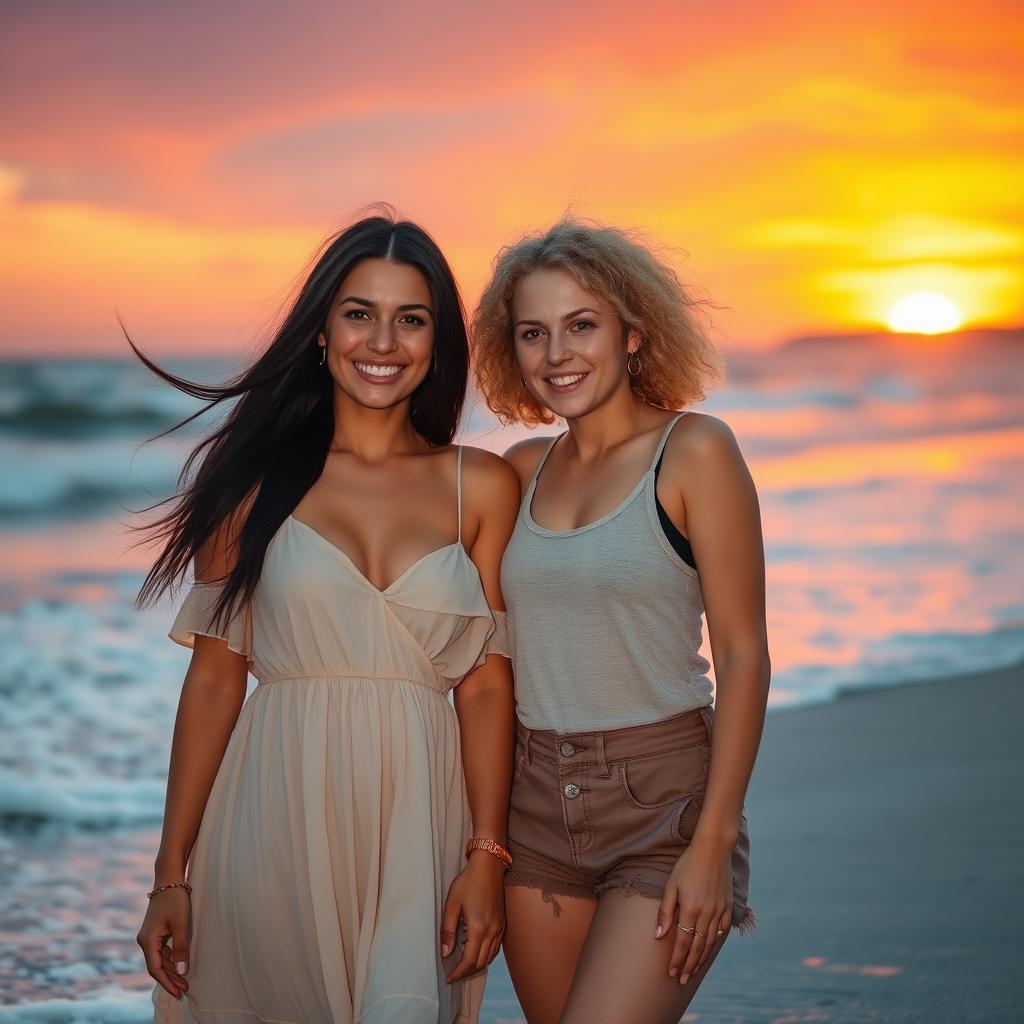 A captivating image featuring a vibrant sunset at a beach, with waves gently lapping at the shore